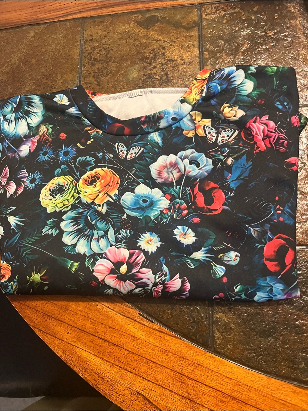 Floral Print Women's LS  Top in Black with Multicolor Blooms